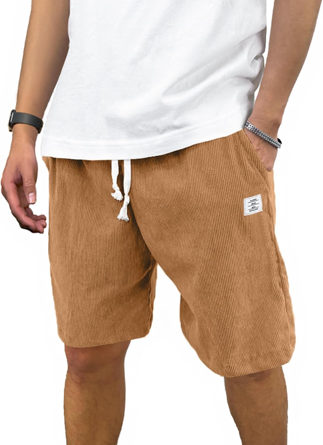Mens Corduroy Shorts Casual 7 Inch Inseam Elastic Waist Drawstring Summer Beach Short