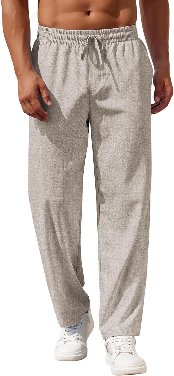 Mens Casual Pants Drawstring Elastic Waist Pants Linen Summer Beach Pants