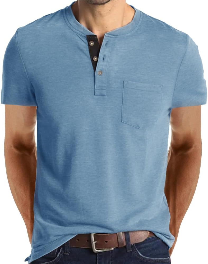 Mens Casual Short Sleeve Henley Shirts Fashion Button T Shirts with Pocket
