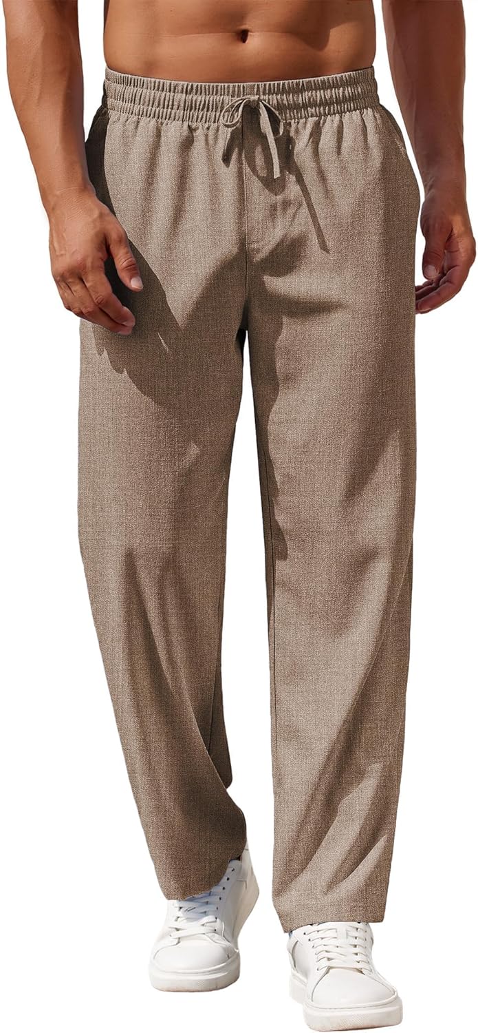 Mens Casual Pants Drawstring Elastic Waist Pants Linen Summer Beach Pants