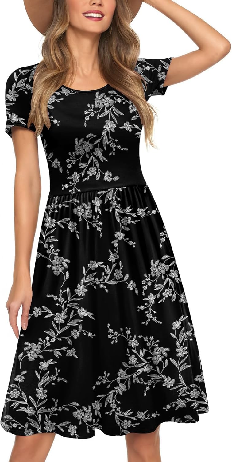 Womens Short Sleeve Empire Waist Dresses Casual Summer Dress with Pockets
