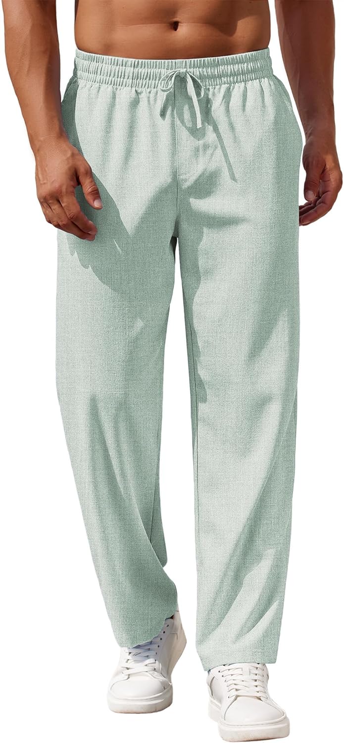 Mens Casual Pants Drawstring Elastic Waist Pants Linen Summer Beach Pants