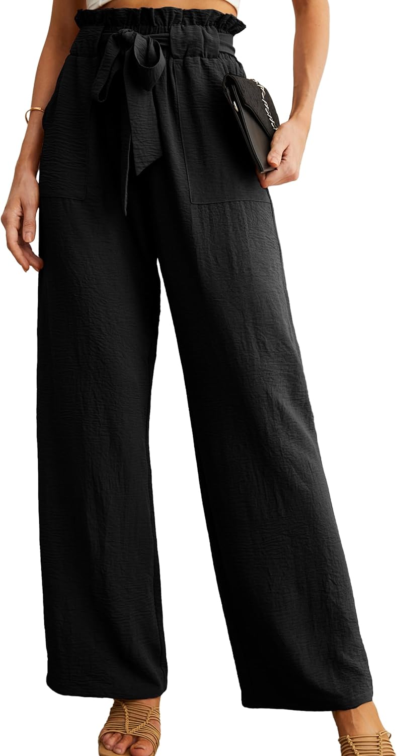 Women's Wide Leg Pants with Pockets High Waist Adjustable Knot Loose Casual Trousers Business Work Casual Pants