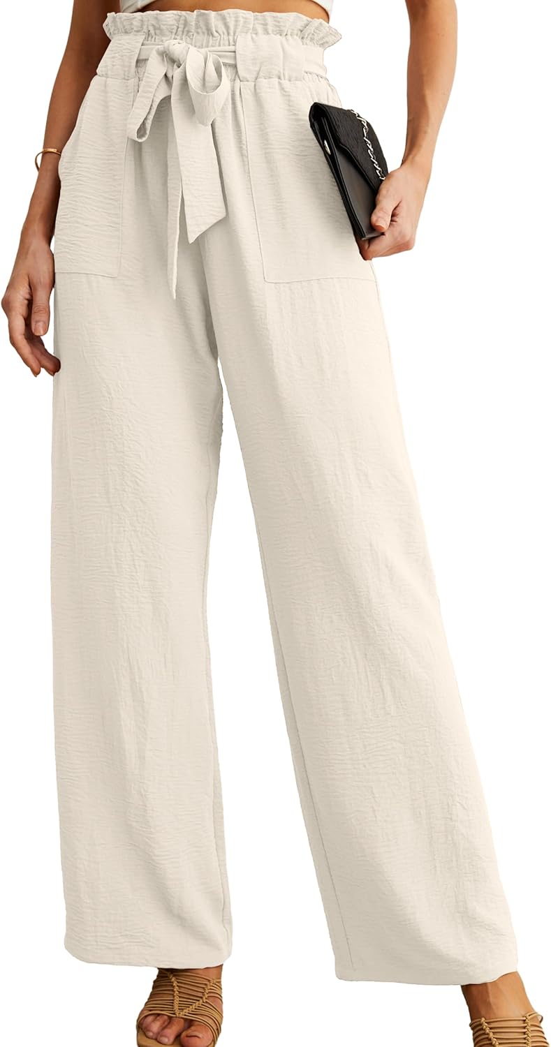 Women's Wide Leg Pants with Pockets High Waist Adjustable Knot Loose Casual Trousers Business Work Casual Pants