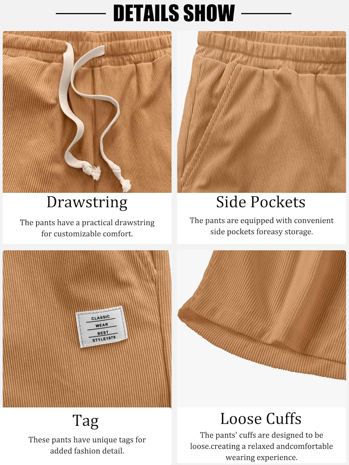 Mens Corduroy Shorts Casual 7 Inch Inseam Elastic Waist Drawstring Summer Beach Short