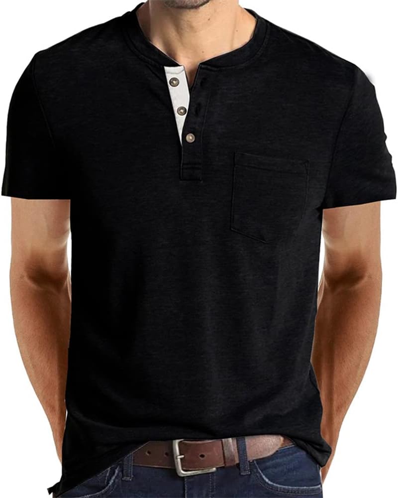 Mens Casual Short Sleeve Henley Shirts Fashion Button T Shirts with Pocket
