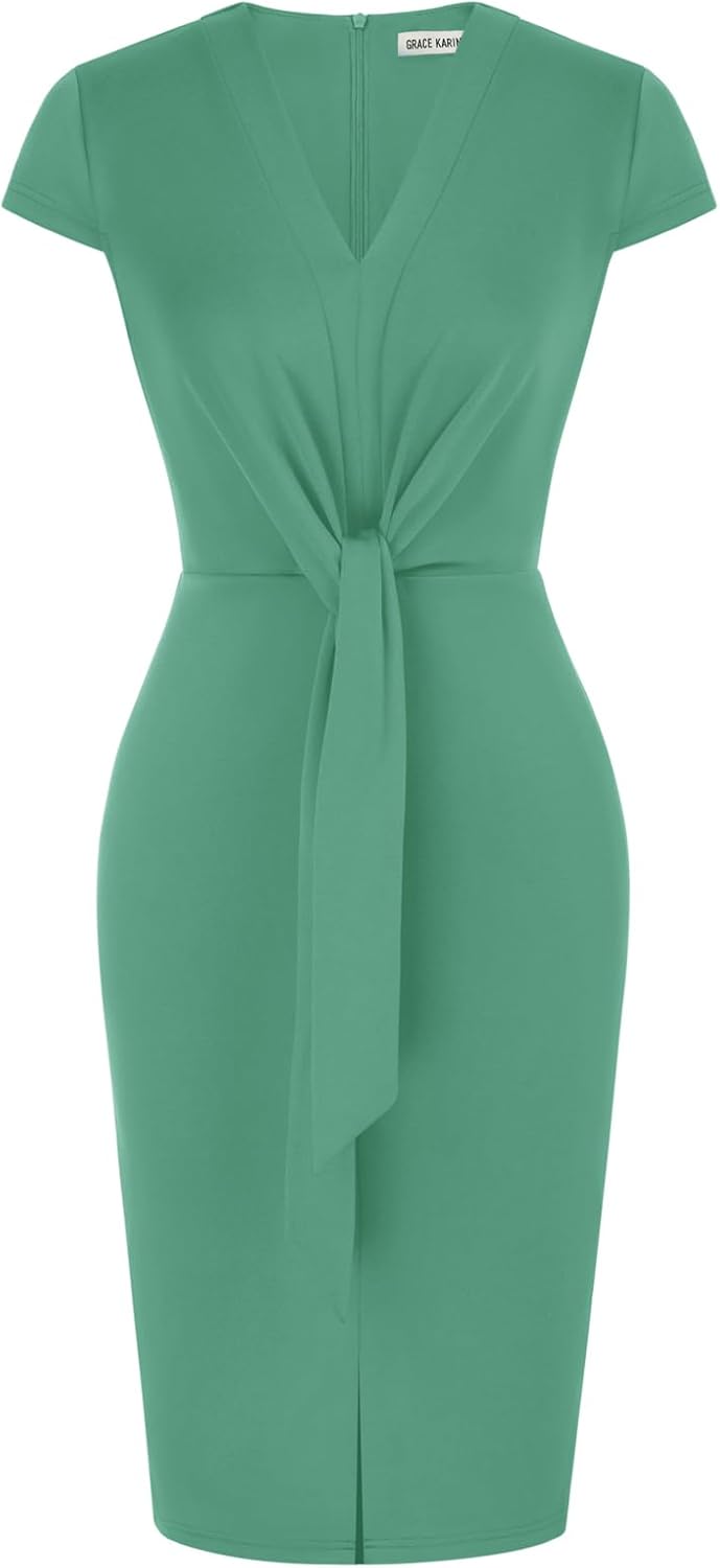 Women's Summer Midi Dresses Cap Sleeve Tie Waist Work Dress Slit V-Neck Bodycon Dress Business Casual Outfits