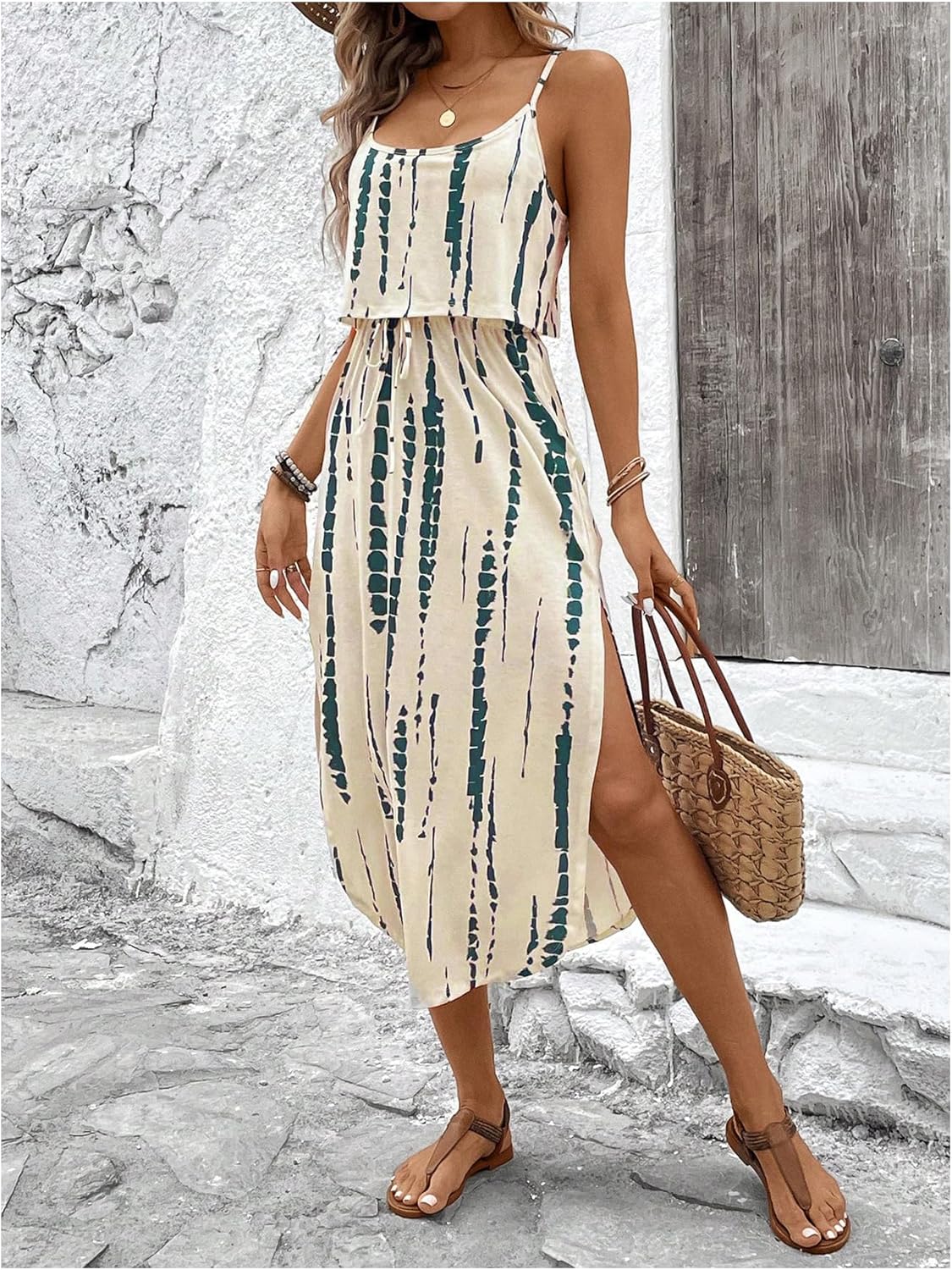 Women's Spaghetti Strap Tie Dye Cami Dress Scoop Neck Split Thigh Midi Dresses Knot Front Sun Dresses