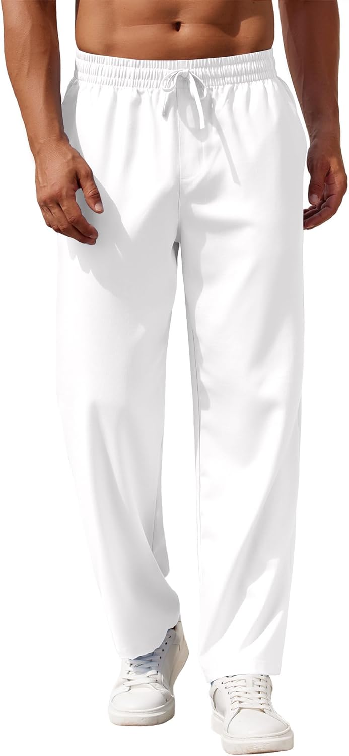 Mens Casual Pants Drawstring Elastic Waist Pants Linen Summer Beach Pants