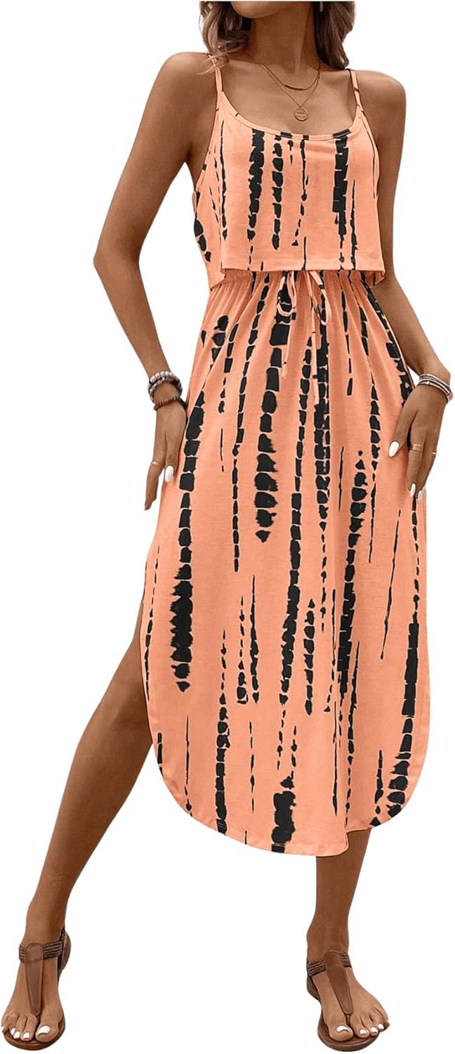 Women's Spaghetti Strap Tie Dye Cami Dress Scoop Neck Split Thigh Midi Dresses Knot Front Sun Dresses