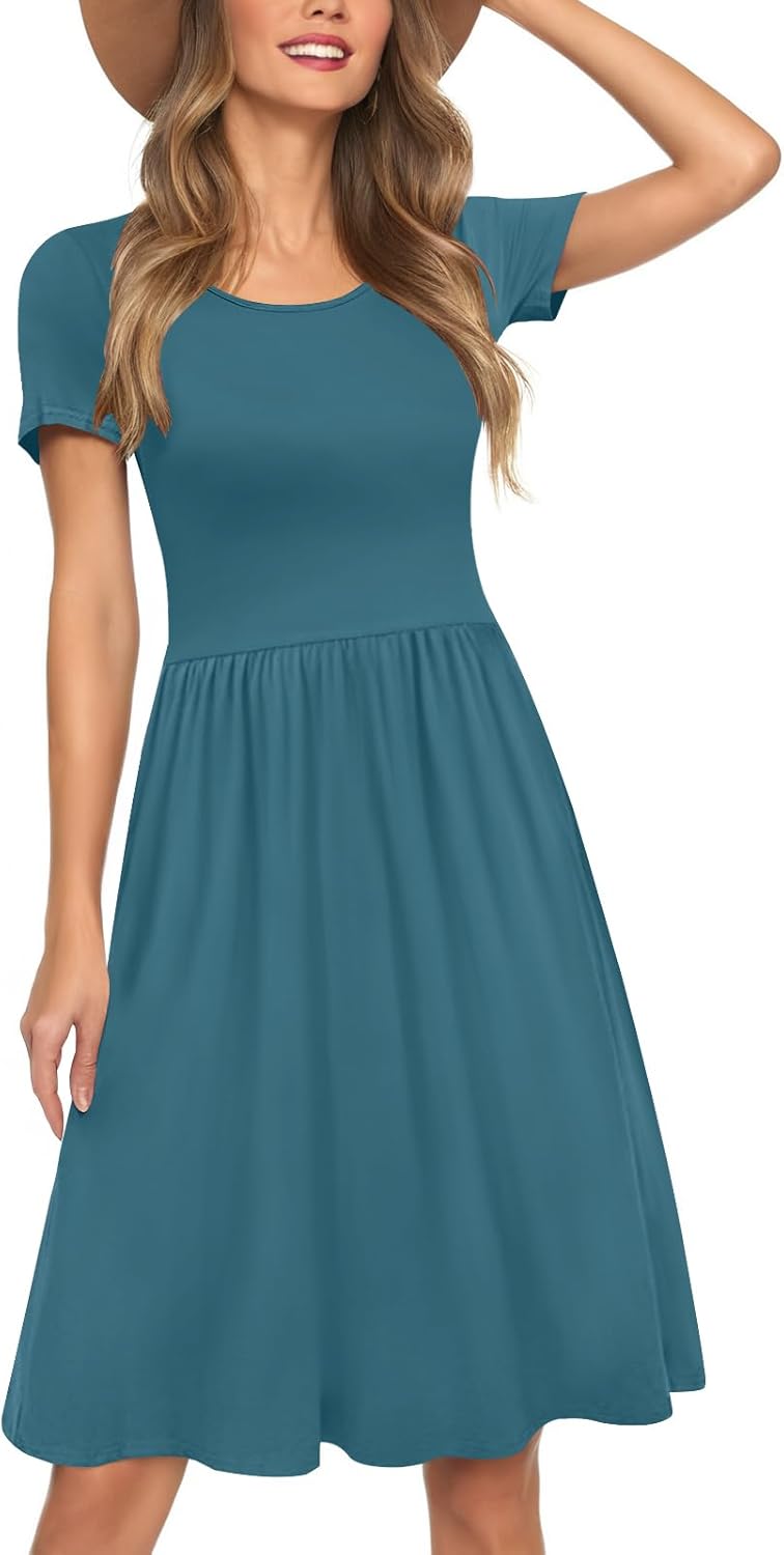 Womens Short Sleeve Empire Waist Dresses Casual Summer Dress with Pockets
