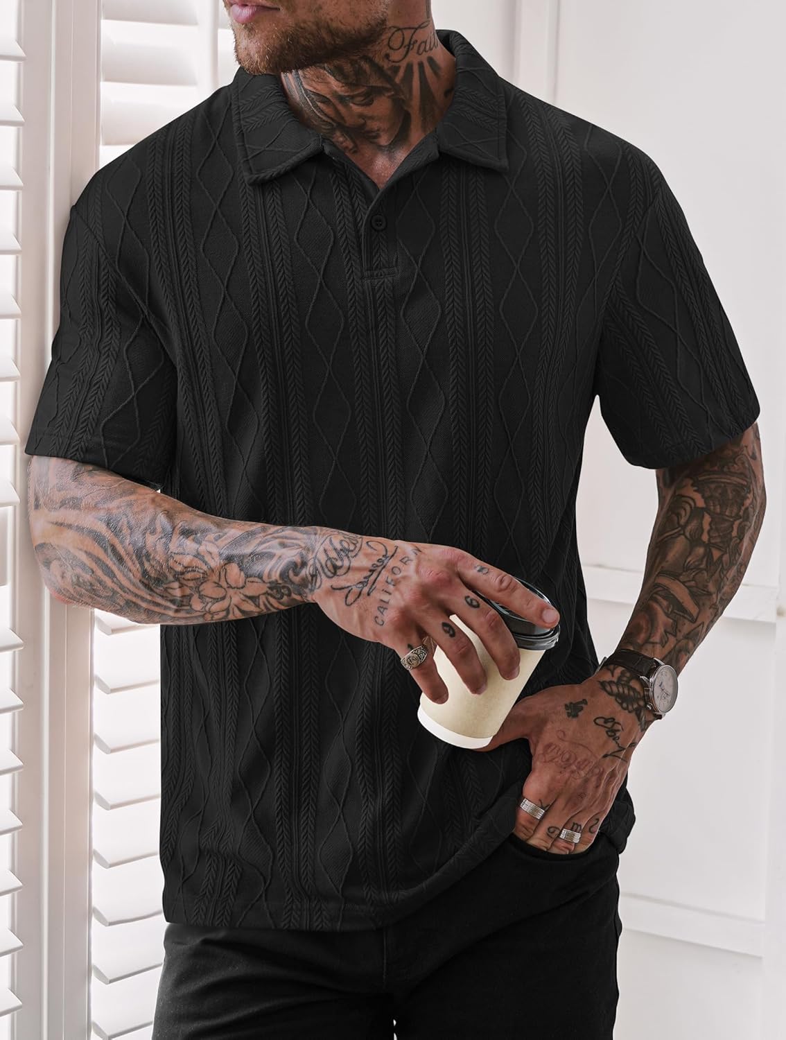 Mens Textured Knit Polo Shirts Loose Fit Stretch Casual Summer Collared Shirt (S-XXL)