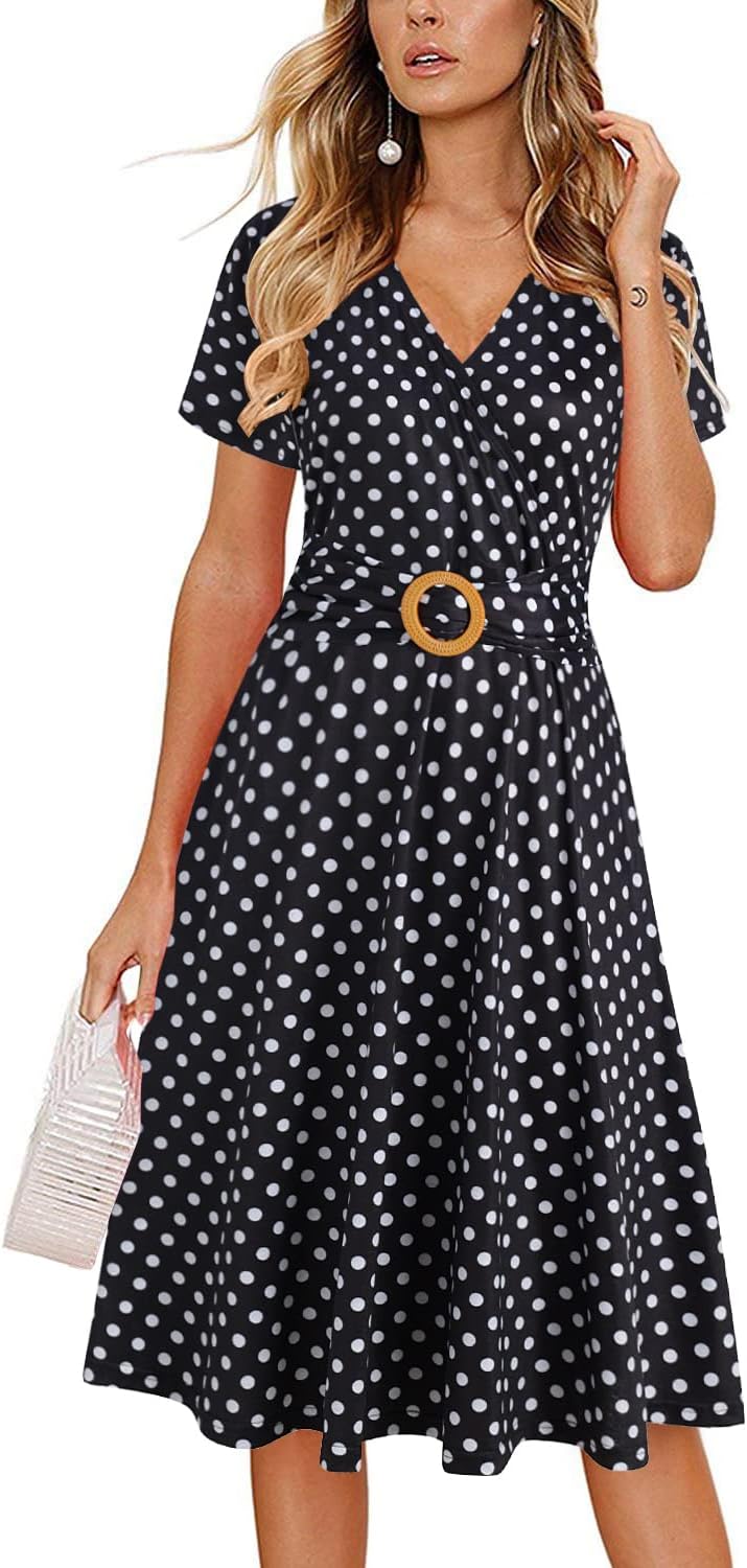 Women's Elegant Criss-Cross V Neck Vintage Short Sleeve Work Casual Fit and Flare Tea Dress with Pockets
