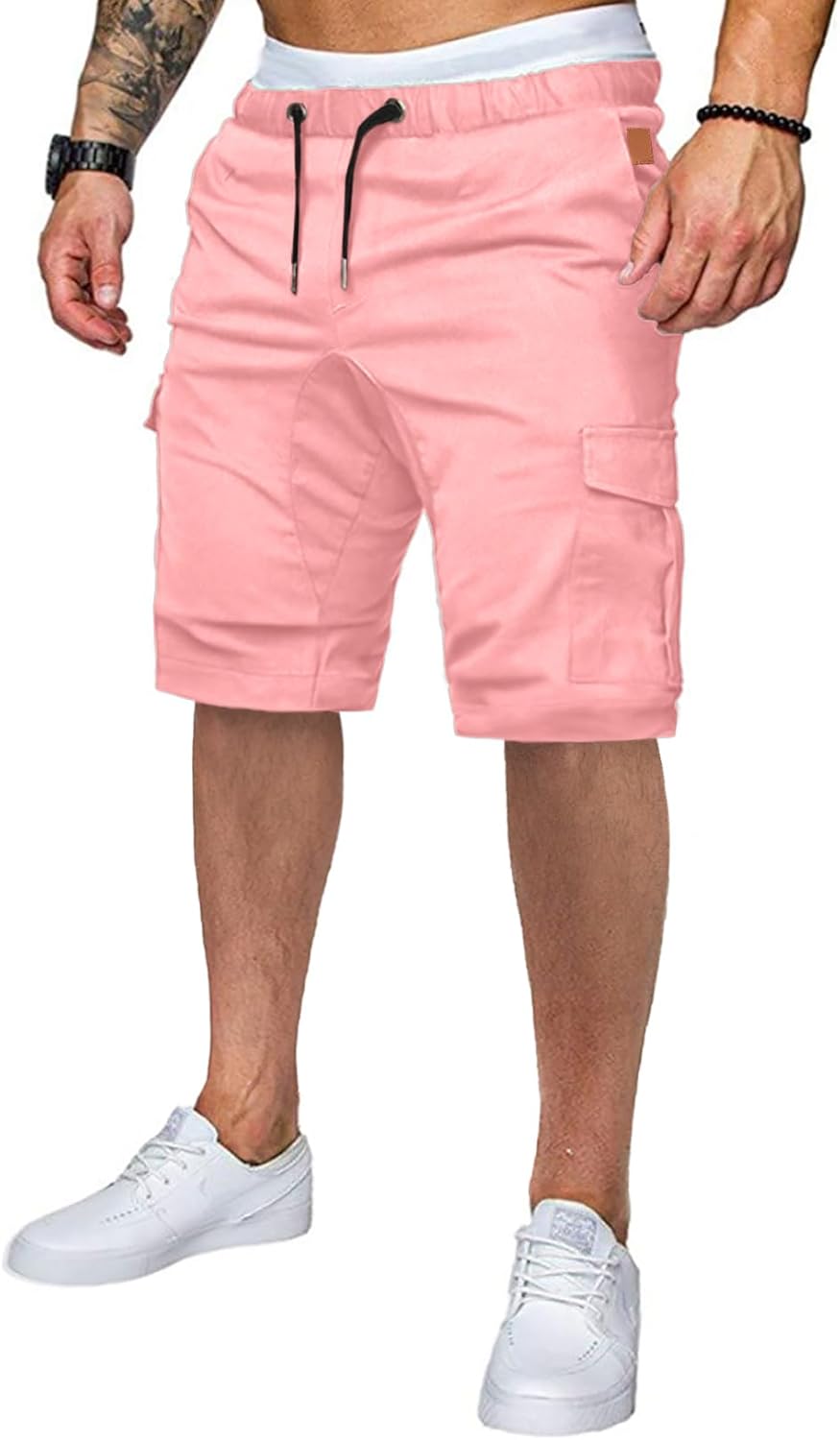 Mens Casual Cargo Shorts - Cotton Drawstring Stretch Summer Beach Shorts Twill Chino Short with 6 Pockets
