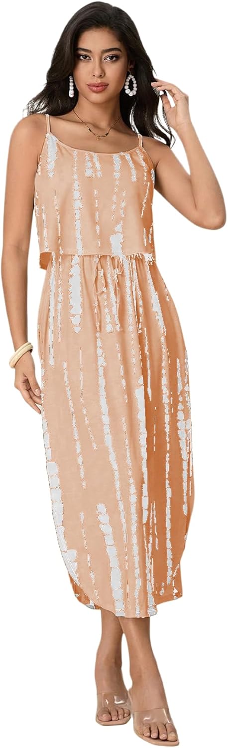 Women's Spaghetti Strap Tie Dye Cami Dress Scoop Neck Split Thigh Midi Dresses Knot Front Sun Dresses