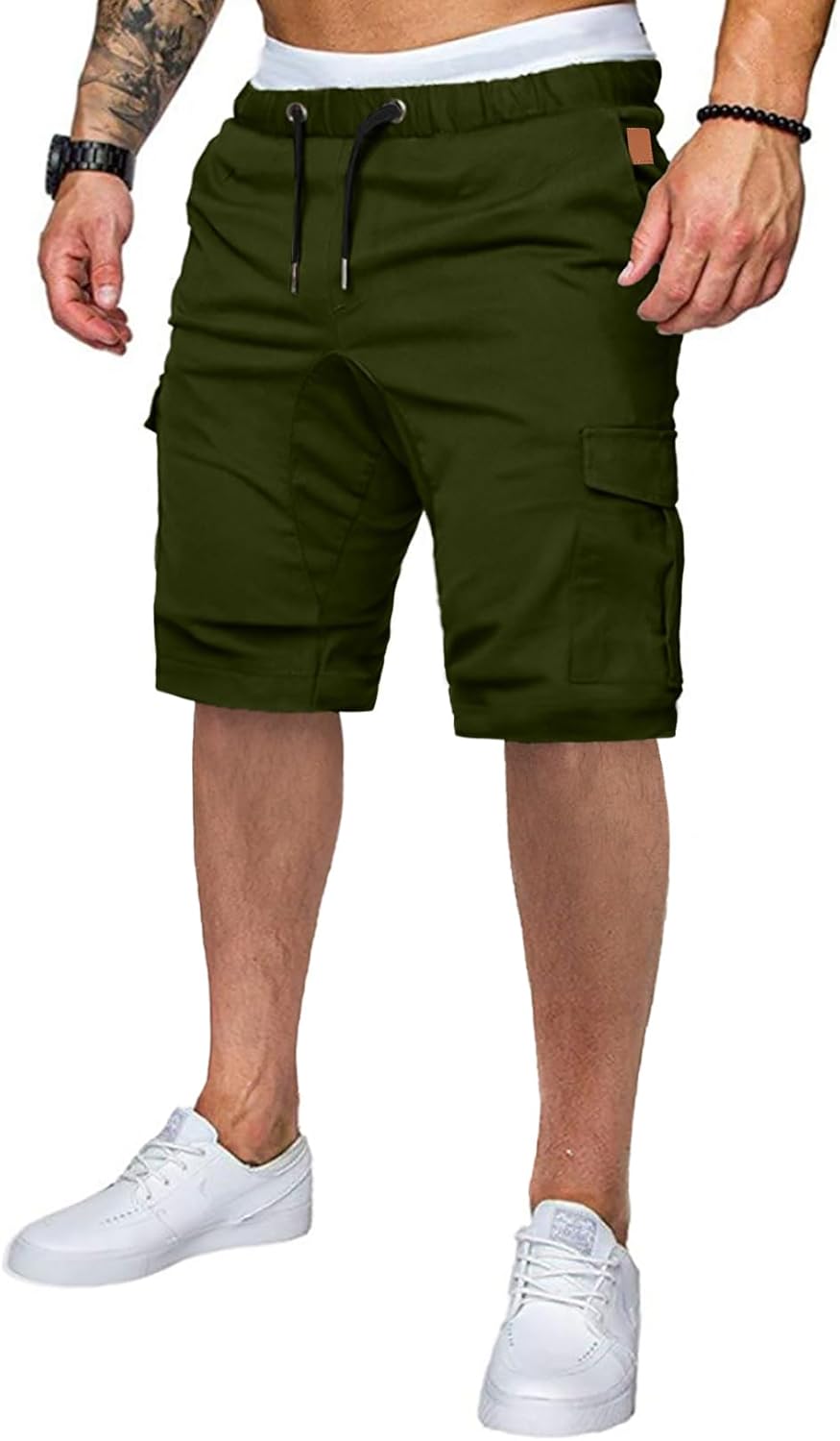 Mens Casual Cargo Shorts - Cotton Drawstring Stretch Summer Beach Shorts Twill Chino Short with 6 Pockets