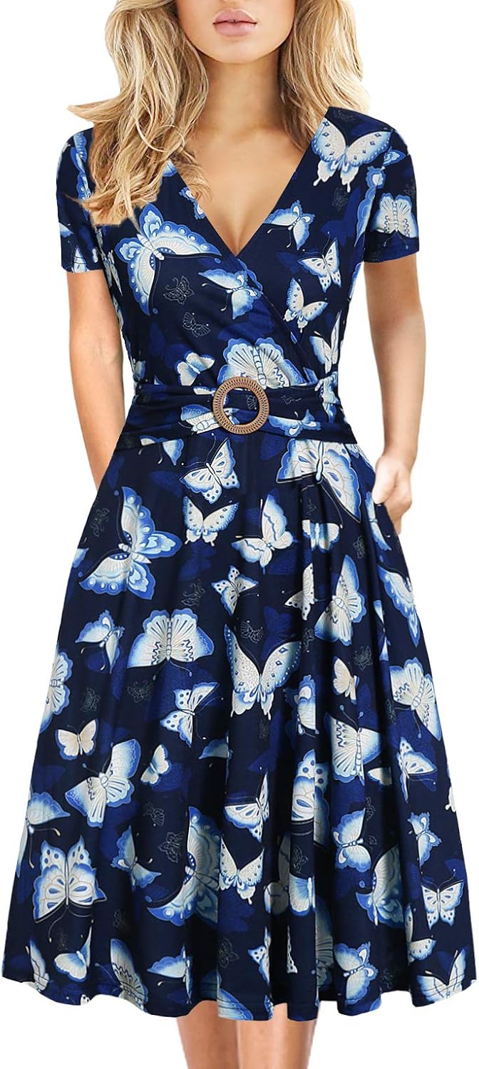 Women's Elegant Criss-Cross V Neck Vintage Short Sleeve Work Casual Fit and Flare Tea Dress with Pockets