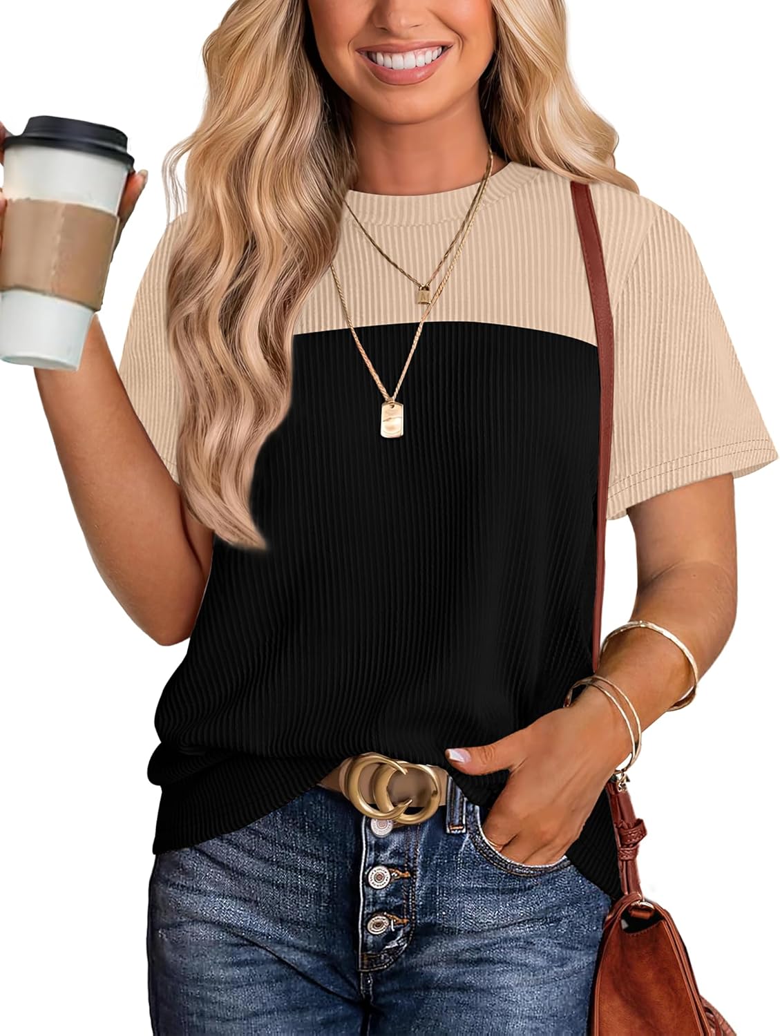 Womens Fashion 2025 Color Block Shirts Short Sleeve Crewneck Knitted Spring Summer Tops Casual Trendy