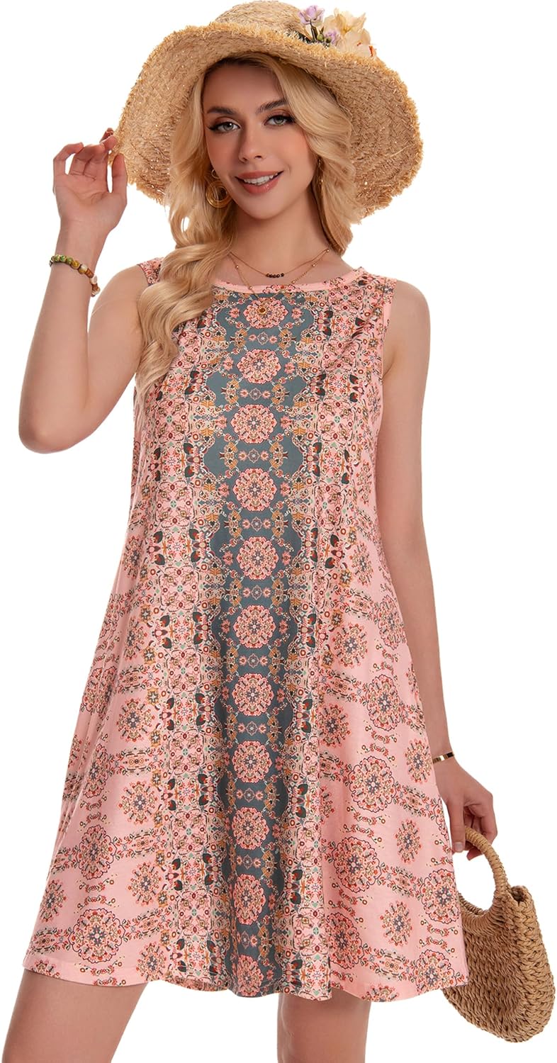 Summer Dresses for Women Beach Boho Sleeveless Vintage Floral Flowy Pocket Tshirt Tank Sundresses