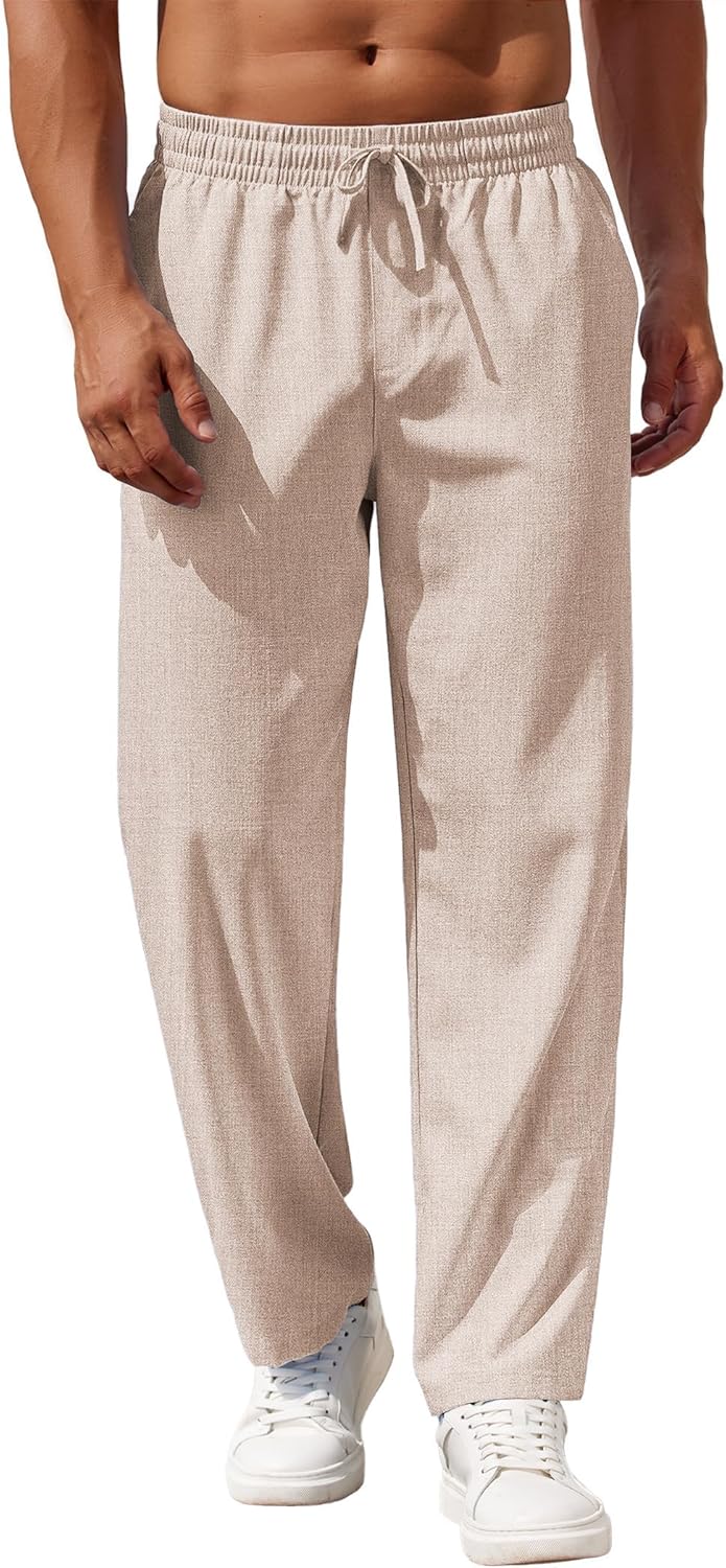 Mens Casual Pants Drawstring Elastic Waist Pants Linen Summer Beach Pants