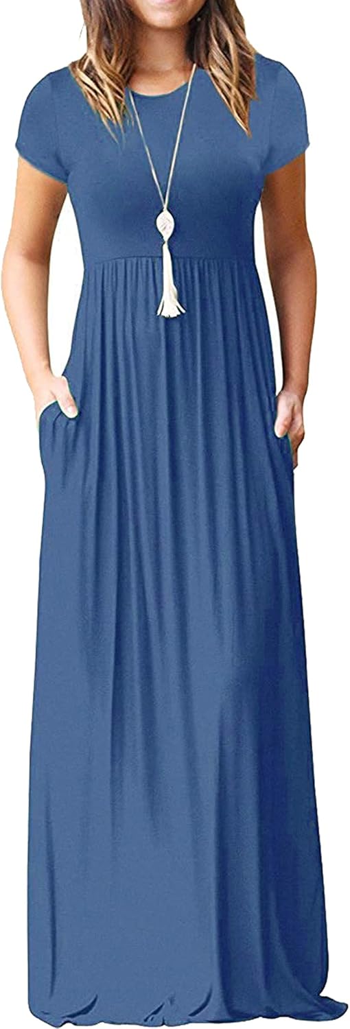 Women's Short Sleeve Loose Plain Casual Long Maxi Dresses for Women 2025