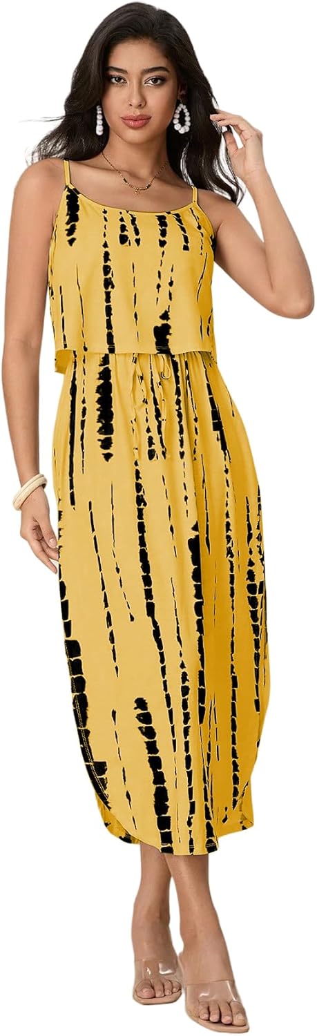 Women's Spaghetti Strap Tie Dye Cami Dress Scoop Neck Split Thigh Midi Dresses Knot Front Sun Dresses
