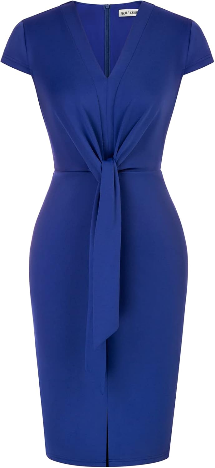 Women's Summer Midi Dresses Cap Sleeve Tie Waist Work Dress Slit V-Neck Bodycon Dress Business Casual Outfits