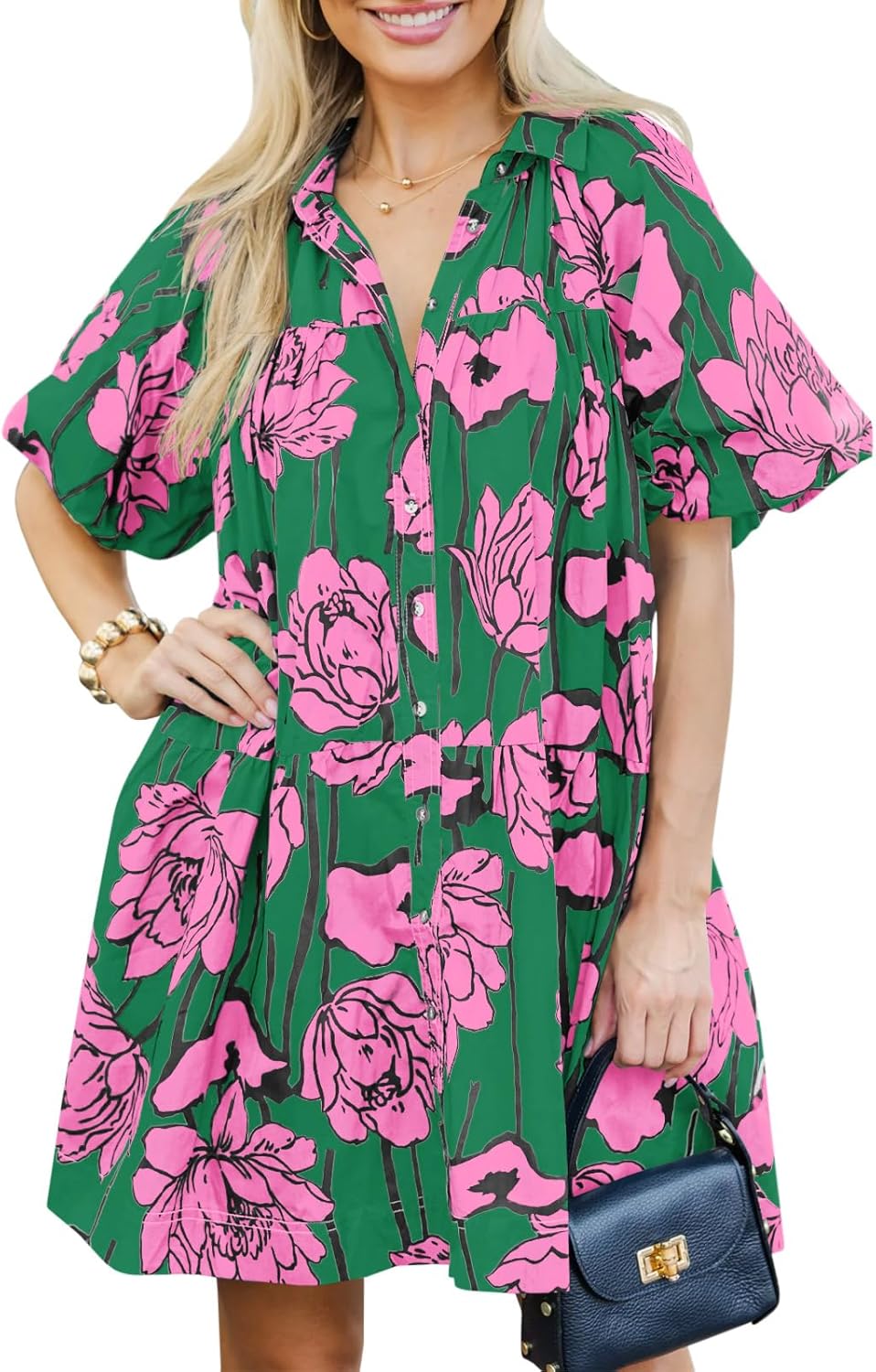 Women's Summer Button Down Shirt Dress Floral Puff Short Sleeve Casual Loose Fit Beach Mini Dresses