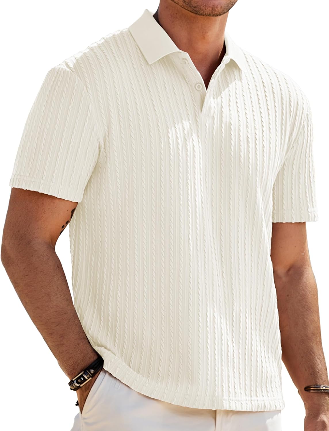 Mens Casual Polo Shirt Summer Short Sleeve Vacation Button Beach Knit Stretchy Golf Shirts