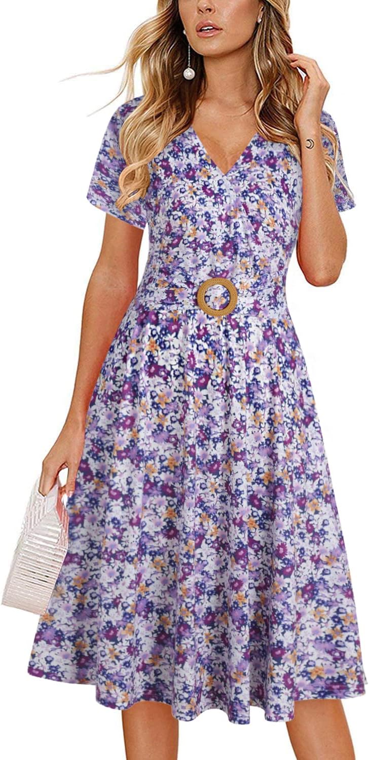 Women's Elegant Criss-Cross V Neck Vintage Short Sleeve Work Casual Fit and Flare Tea Dress with Pockets