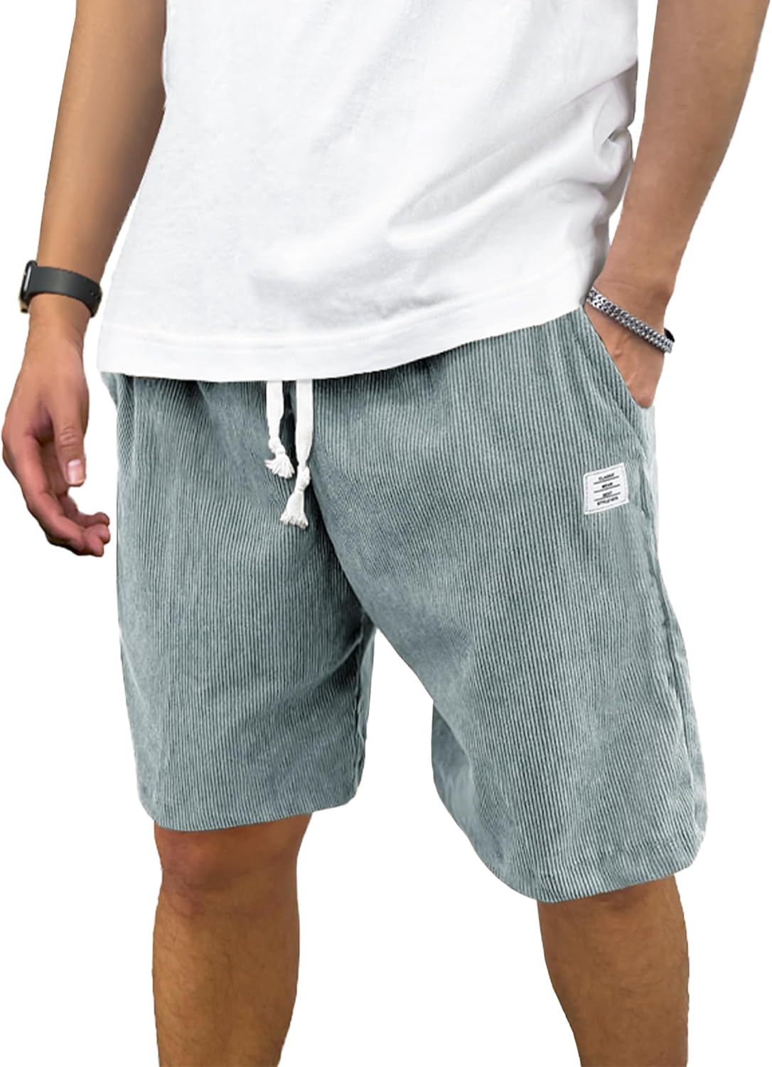 Mens Corduroy Shorts Casual 7 Inch Inseam Elastic Waist Drawstring Summer Beach Short