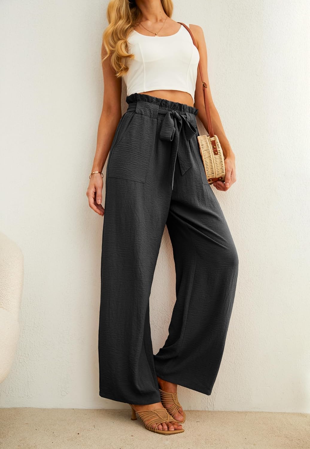 Women's Wide Leg Pants with Pockets High Waist Adjustable Knot Loose Casual Trousers Business Work Casual Pants