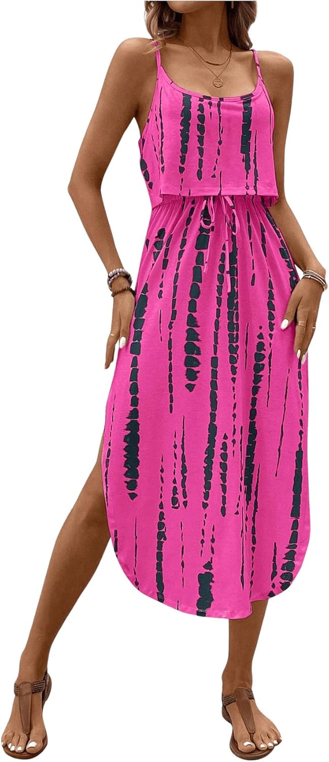Women's Spaghetti Strap Tie Dye Cami Dress Scoop Neck Split Thigh Midi Dresses Knot Front Sun Dresses