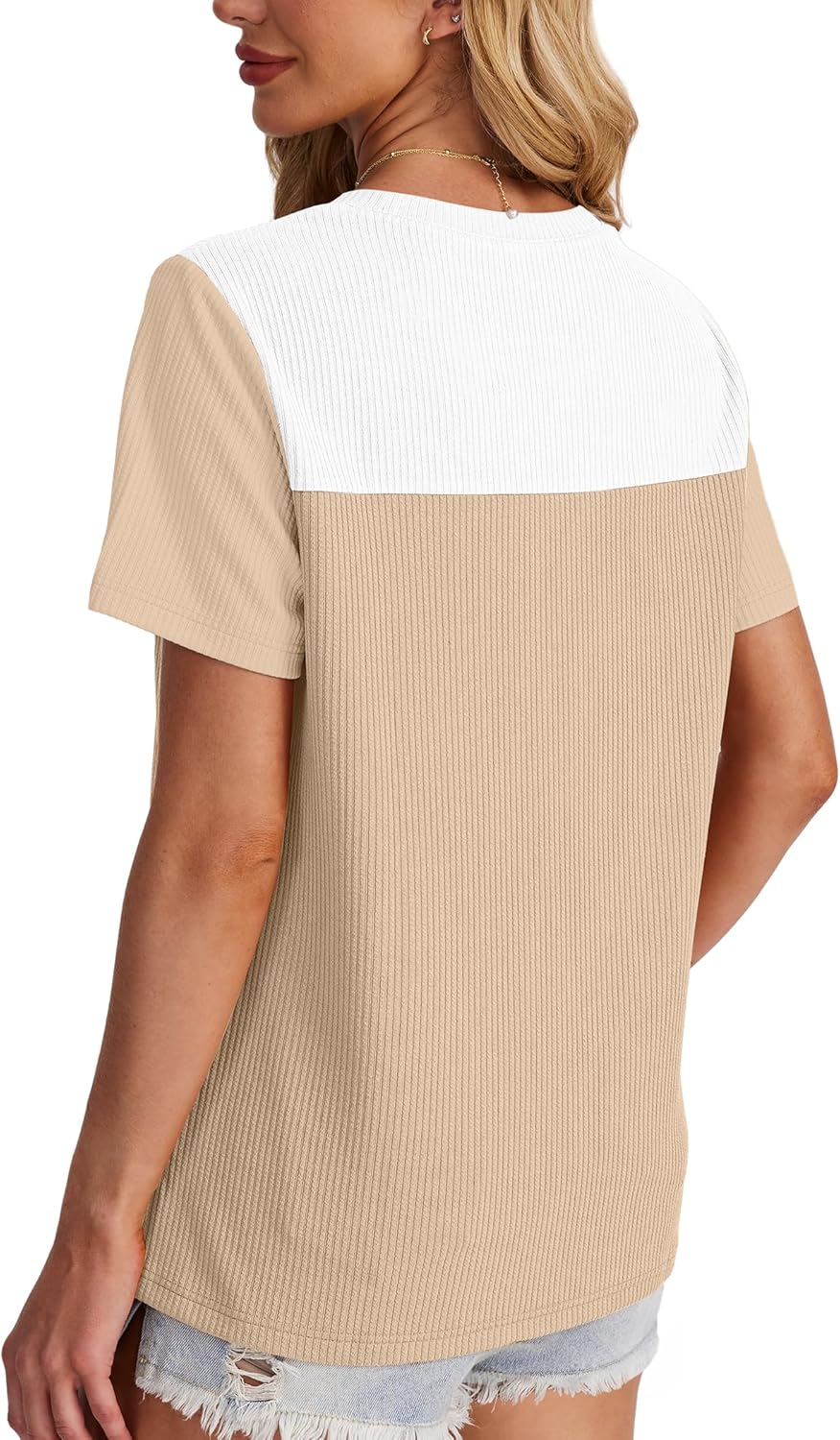 Womens Fashion 2025 Color Block Shirts Short Sleeve Crewneck Knitted Spring Summer Tops Casual Trendy