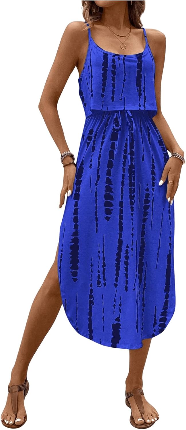 Women's Spaghetti Strap Tie Dye Cami Dress Scoop Neck Split Thigh Midi Dresses Knot Front Sun Dresses