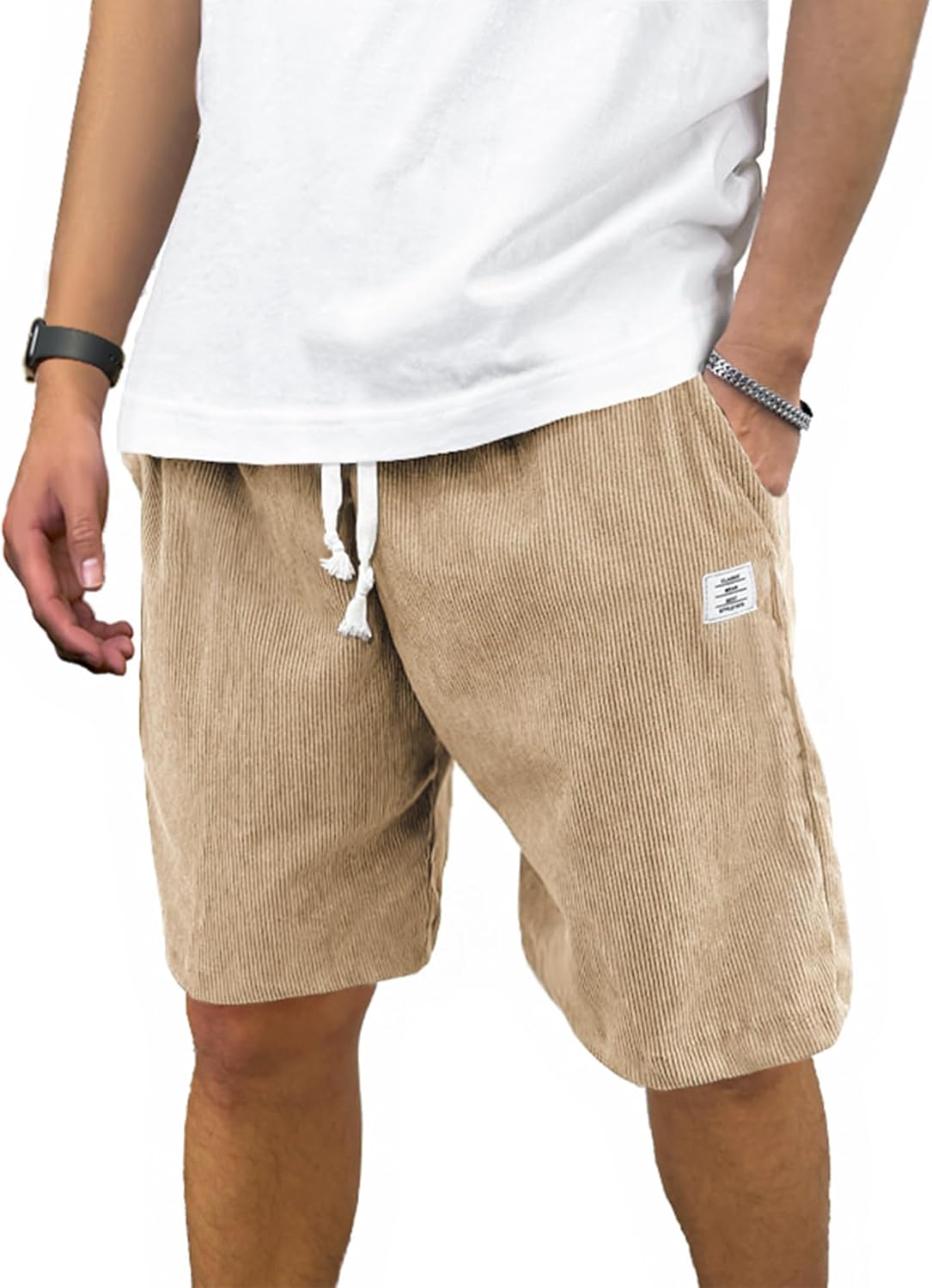 Mens Corduroy Shorts Casual 7 Inch Inseam Elastic Waist Drawstring Summer Beach Short