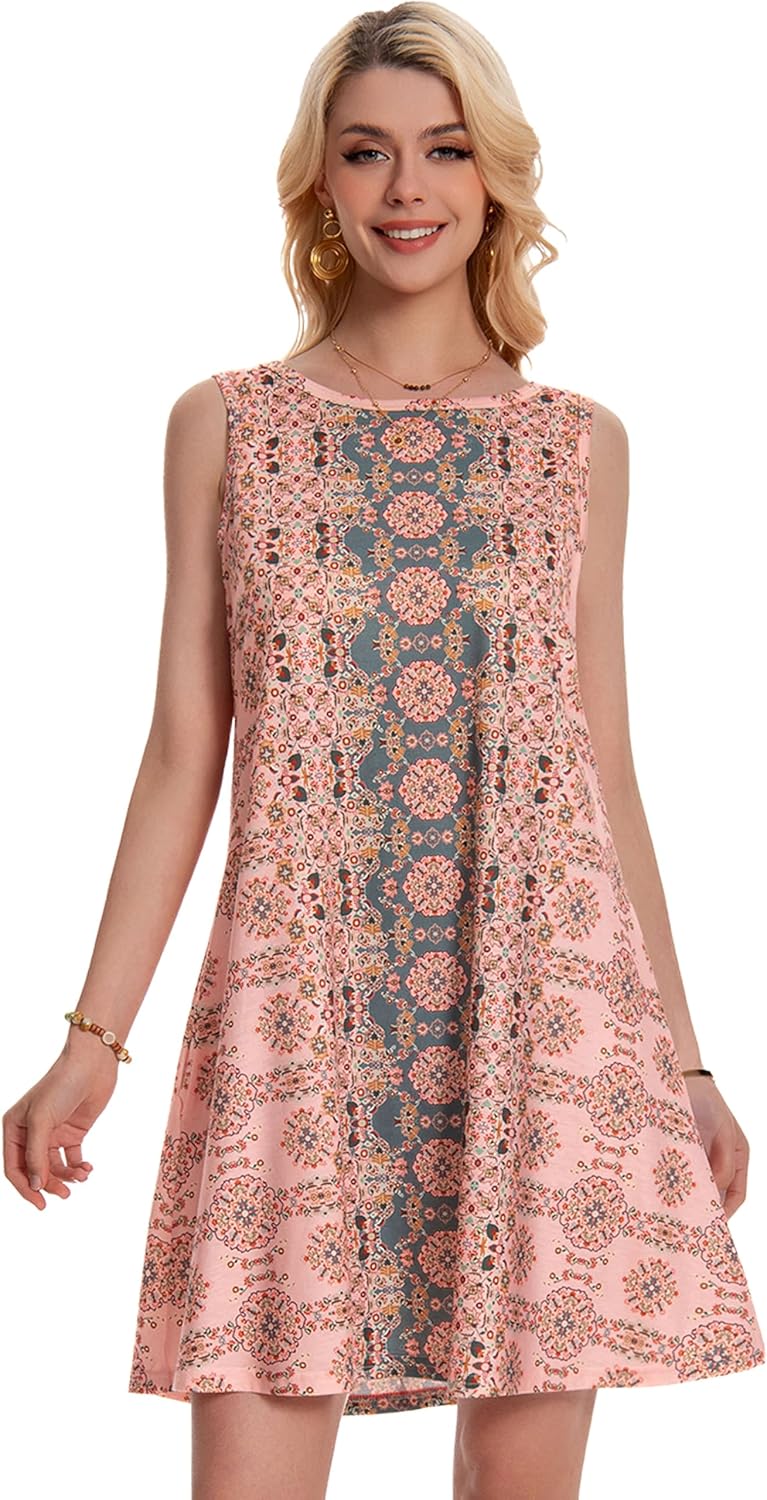 Summer Dresses for Women Beach Boho Sleeveless Vintage Floral Flowy Pocket Tshirt Tank Sundresses